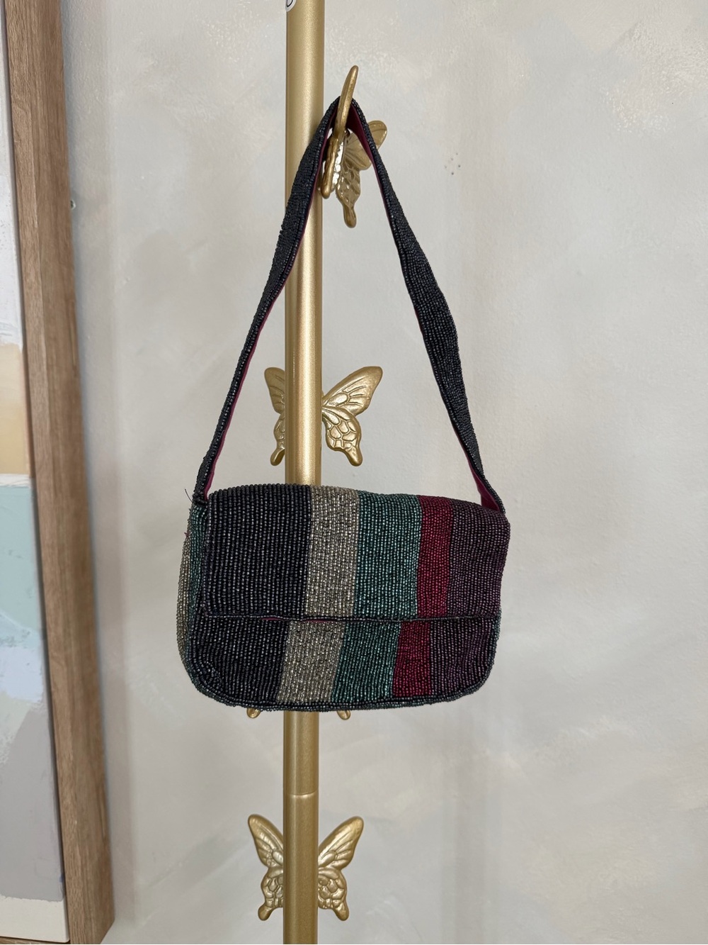Anthropologie Women's Beaded Stripe Shoulder Bag in Navy, Green & Burgundy